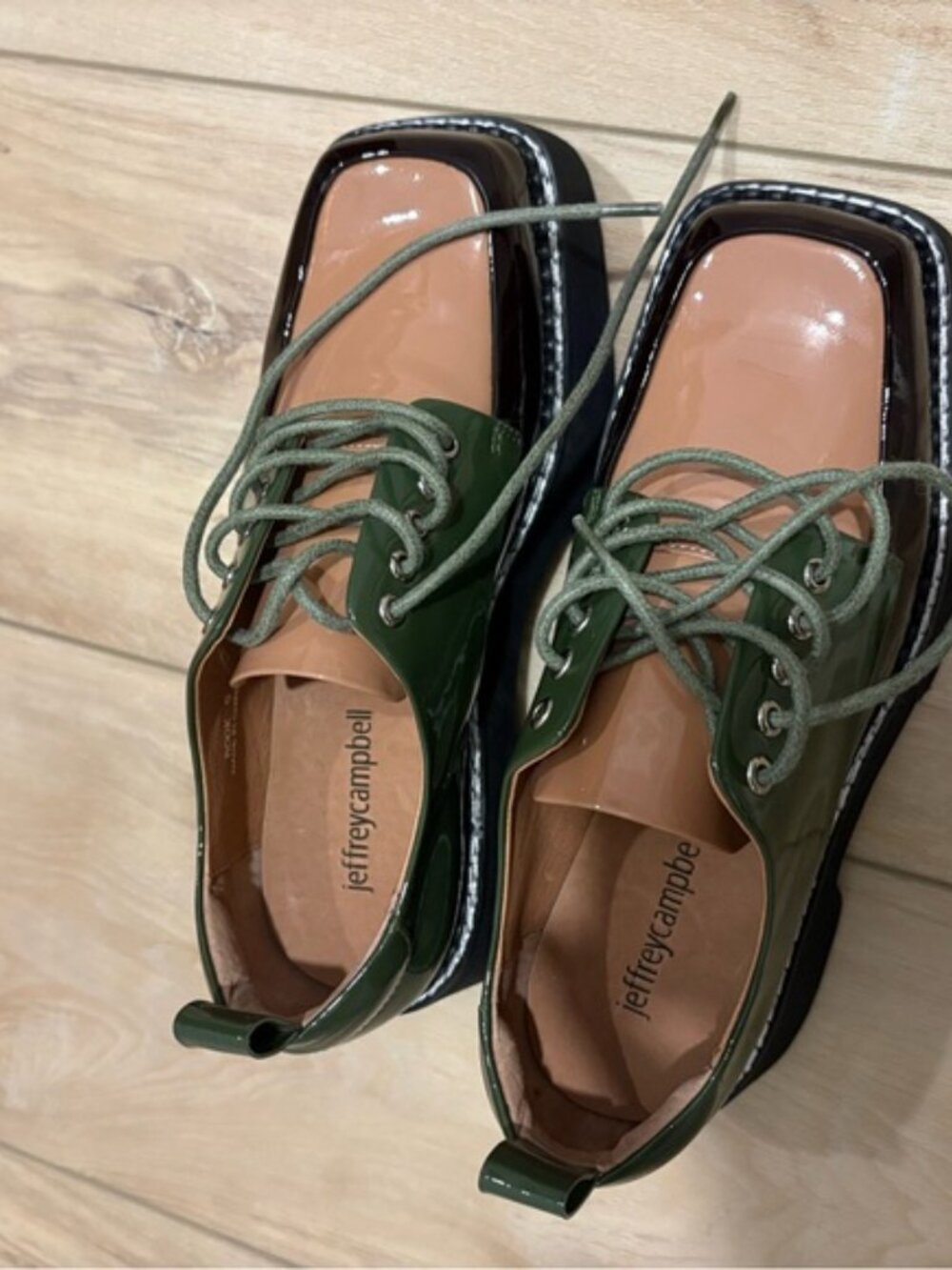 Jeffrey Campbell Book Platform Apron Toe Derby Green Tan Patent Leather Loafers - Picture 13 of 15